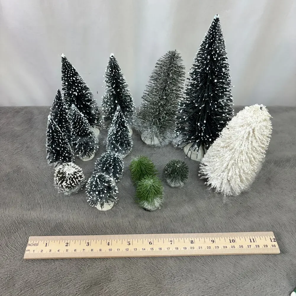 Evergreen Bottle Brush Trees Shrubs Greenery Lot of 15 Christmas Village Snowy
